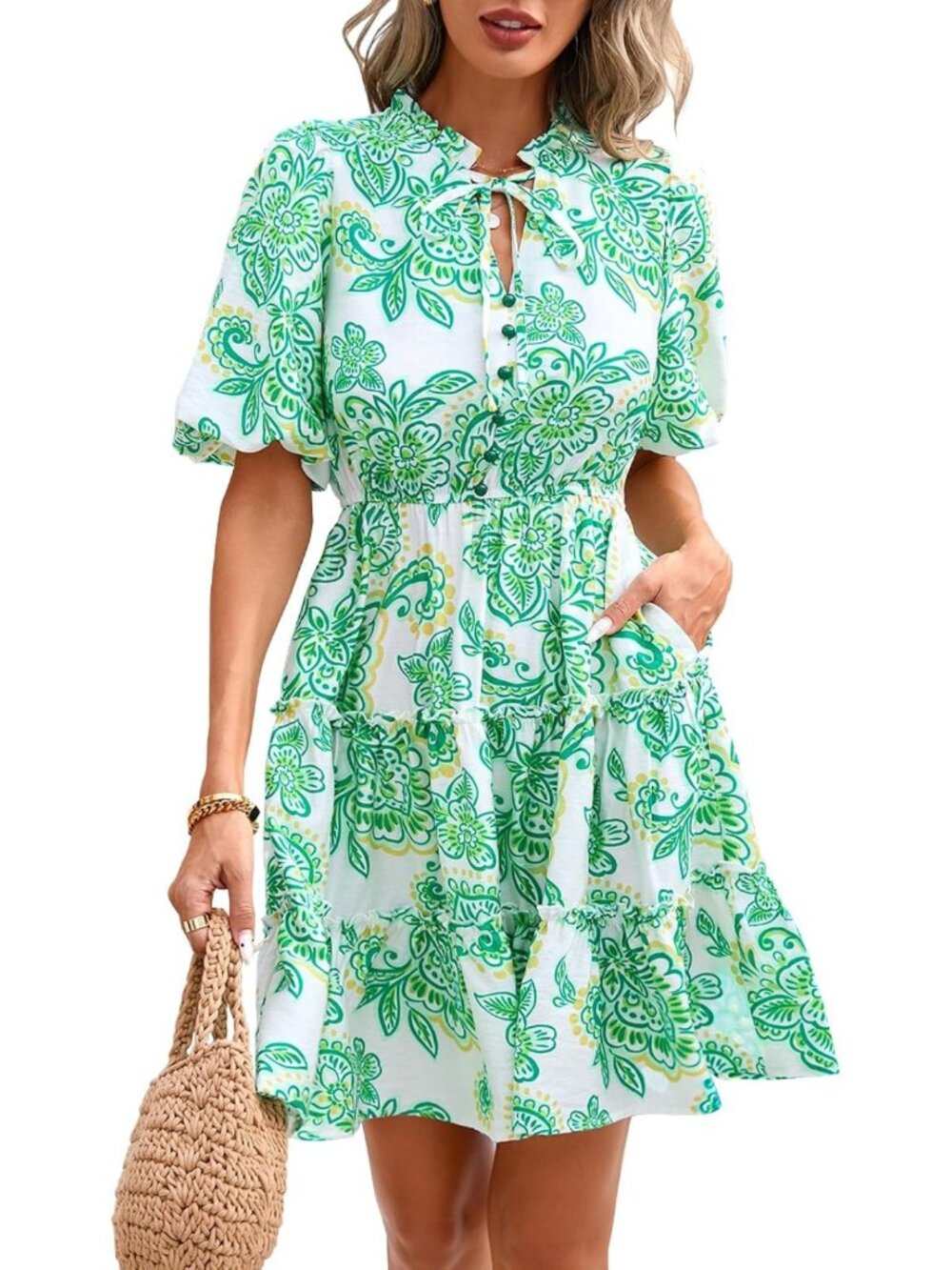 Floral Summer Dress for Women | V-Neck Short Sleeve Tiered Ruffle A-Line Mini
